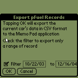 The export form with filter set